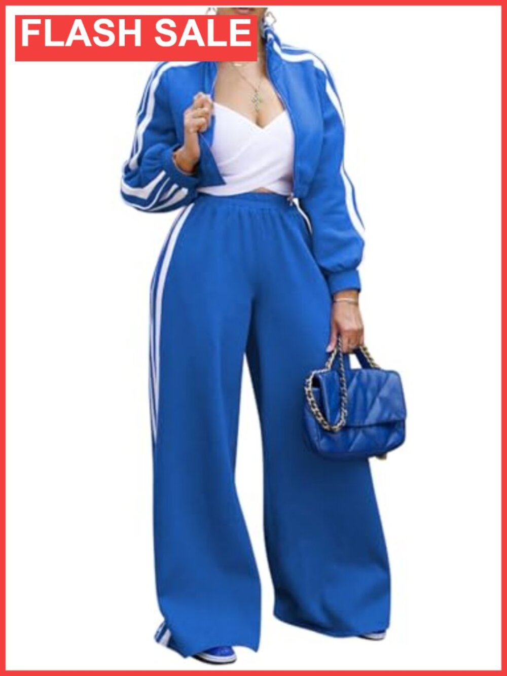 Striped 2 Piece Sweatsuit Set Long Sleeve Zip Crop Jacket Wide Leg Pants